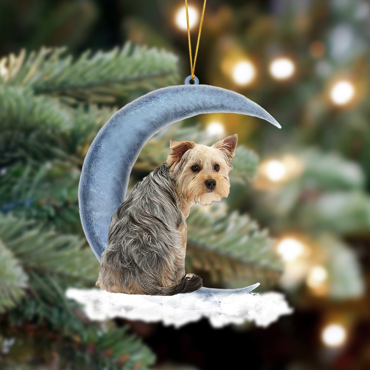 Yorkshire Terrier Sits On The Moon Hanging Ornament