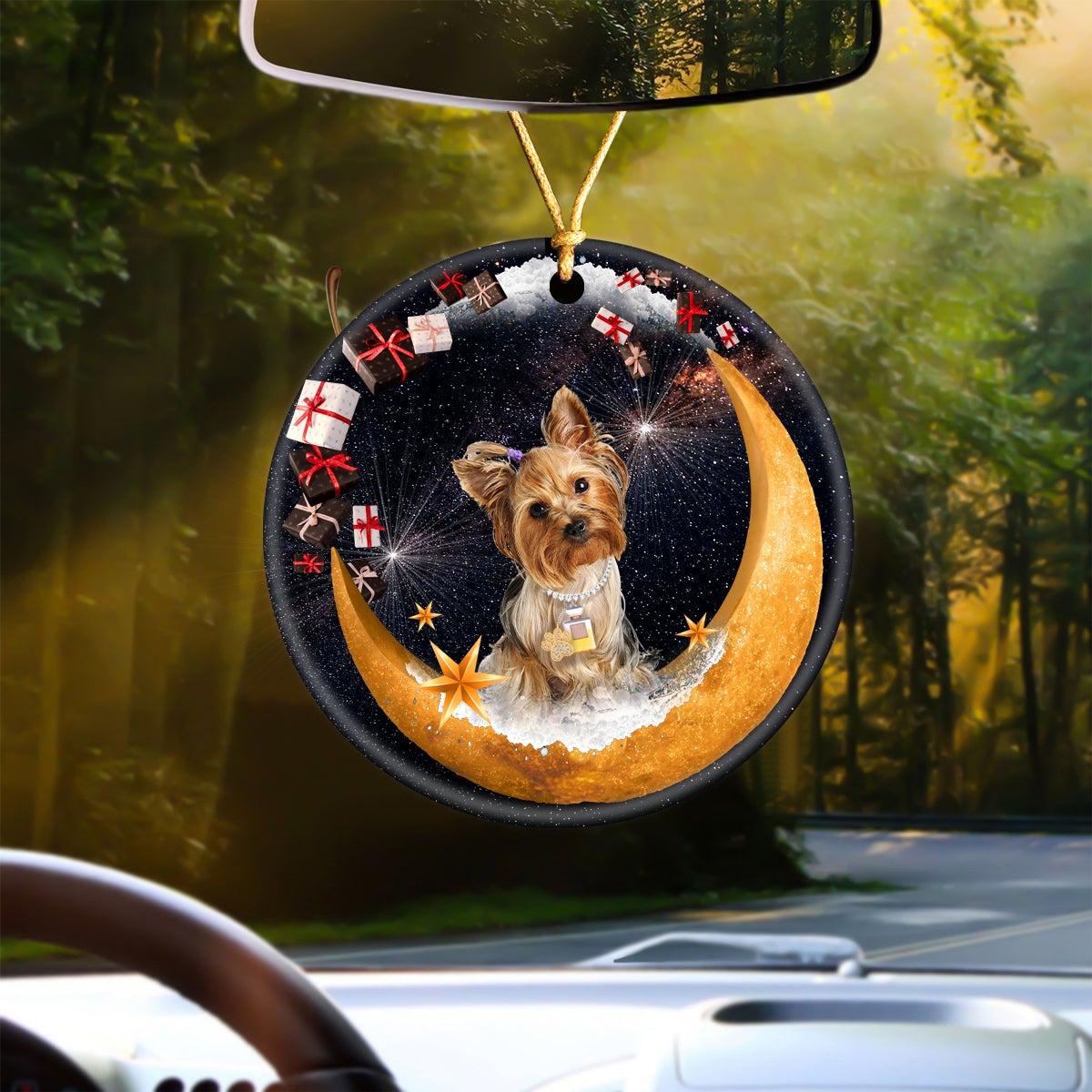 Yorkshire Terrier Fashion Moon Car Hanging Ceramic Ornament