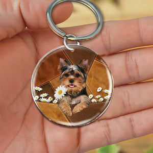 Yorkshire Terrier Holding Daisy-Round Resin Epoxy Metal Keychain