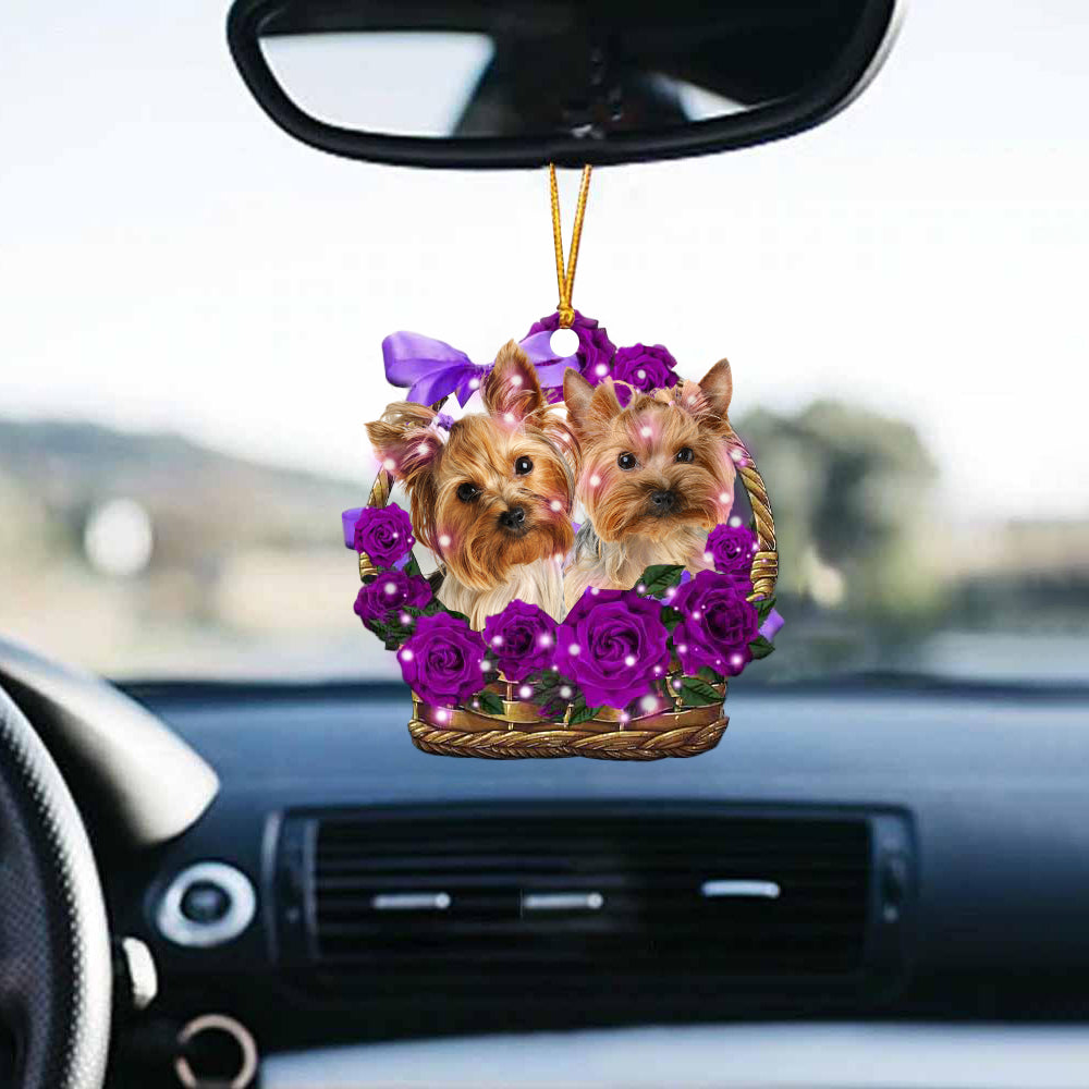 Yorkshire Terrier 02Purple Rose Wicker Basket Car Hanging Ornament