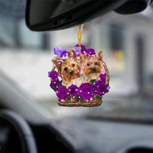 Yorkshire Terrier 02Purple Rose Wicker Basket Car Hanging Ornament