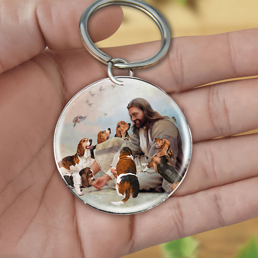 Jesus Surrounded By basset hounds-Round Resin Epoxy Metal Keychain
