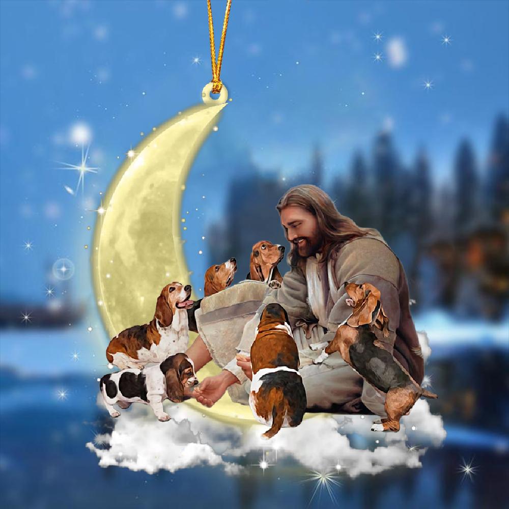 Jesus Surrounded By basset hounds On The Moon Ornament