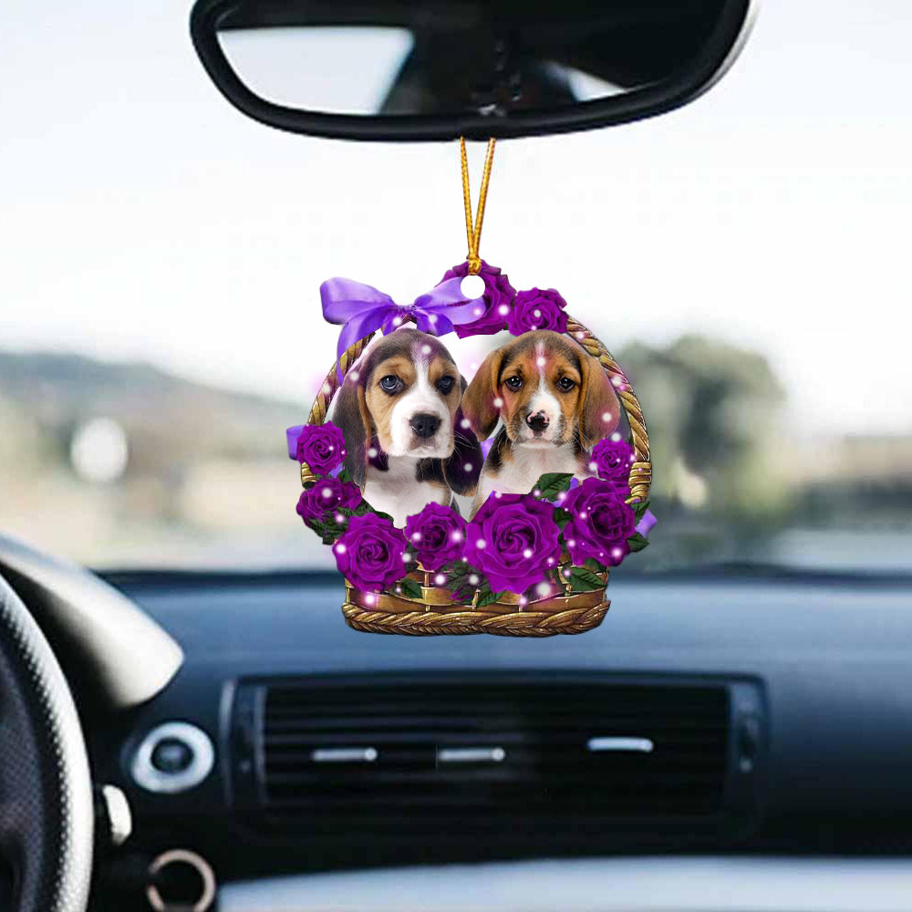 beagle Purple Rose Wicker Basket Car Hanging Ornament