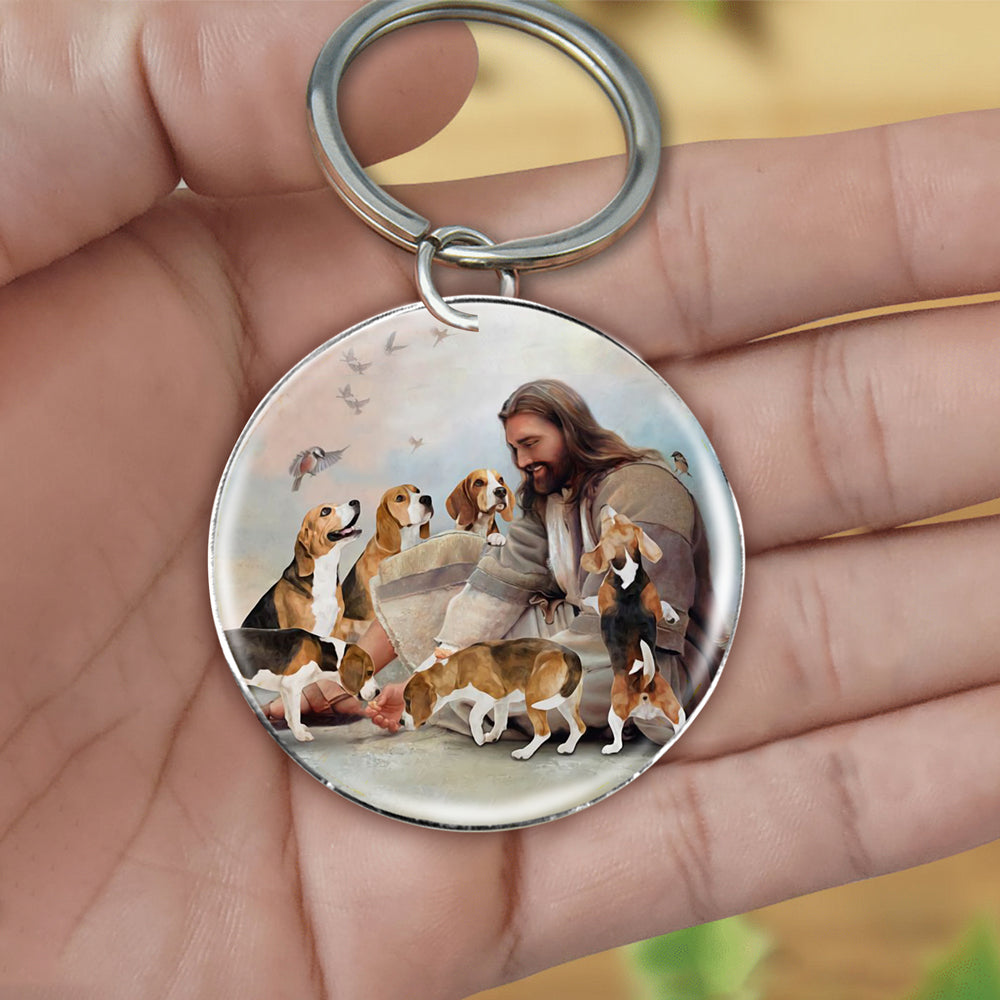 Jesus Surrounded By beagles-Round Resin Epoxy Metal Keychain