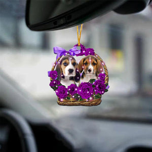 beagle Purple Rose Wicker Basket Car Hanging Ornament
