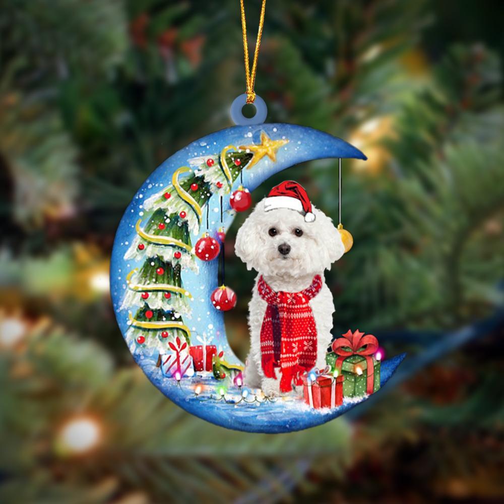 bichon frise Sits On The Moon Merry Christmas Hanging Ornament