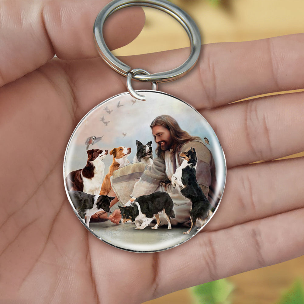 Jesus Surrounded By border collies-Round Resin Epoxy Metal Keychain