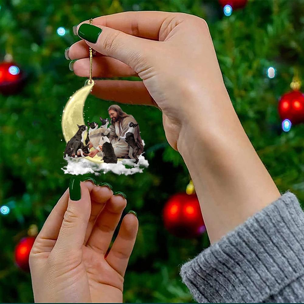 Jesus Surrounded By boston terriers On The Moon Ornament