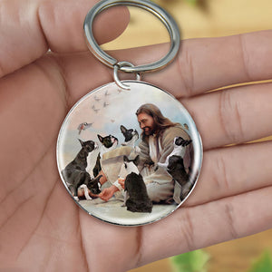 Jesus Surrounded By boston terriers-Round Resin Epoxy Metal Keychain