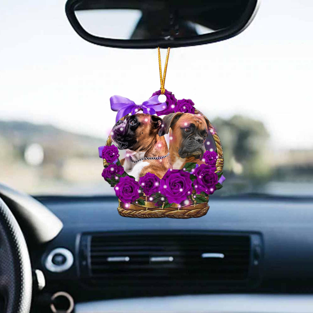 boxer Purple Rose Wicker Basket Car Hanging Ornament