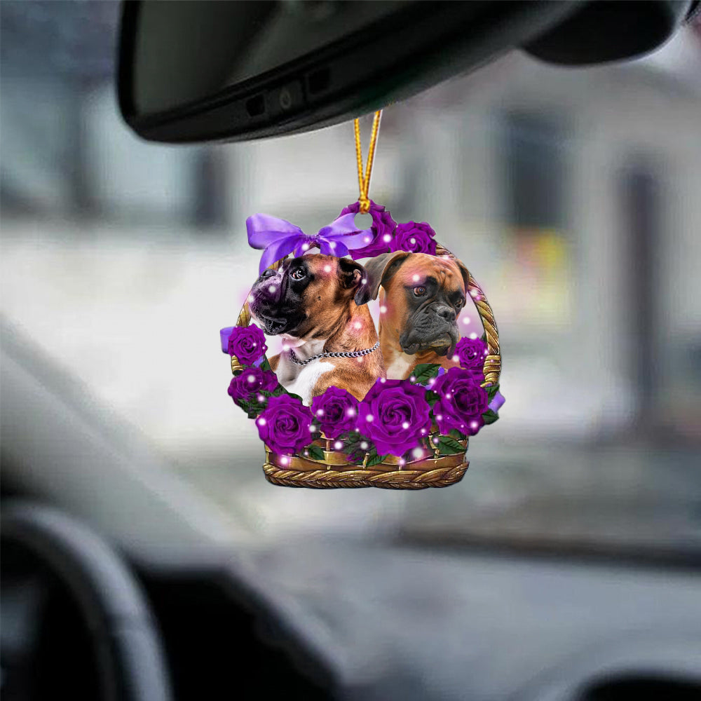 boxer Purple Rose Wicker Basket Car Hanging Ornament