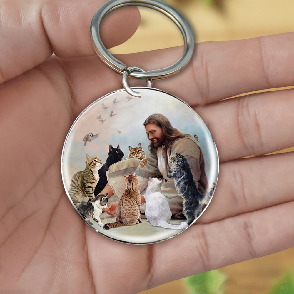 Jesus Surrounded By cats-Round Resin Epoxy Metal Keychain