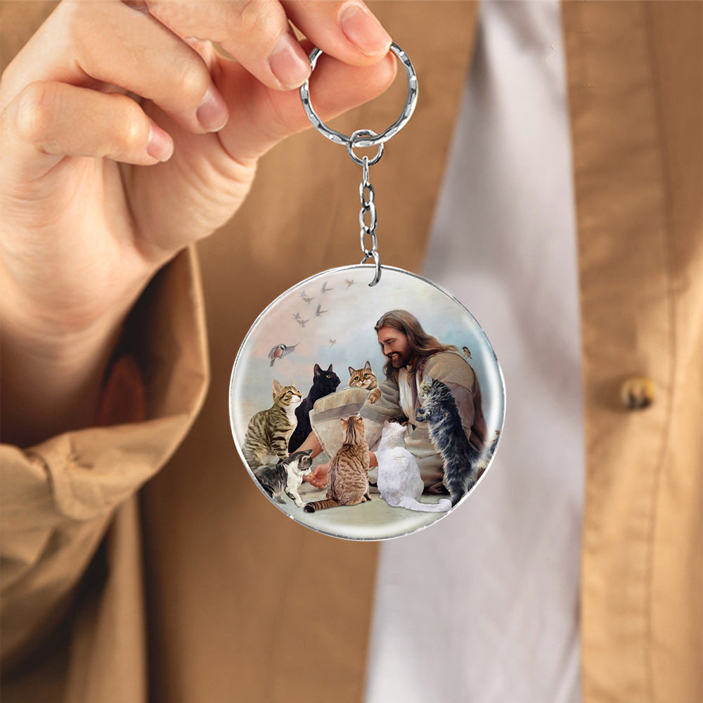 Jesus Surrounded By cats-Round Resin Epoxy Metal Keychain