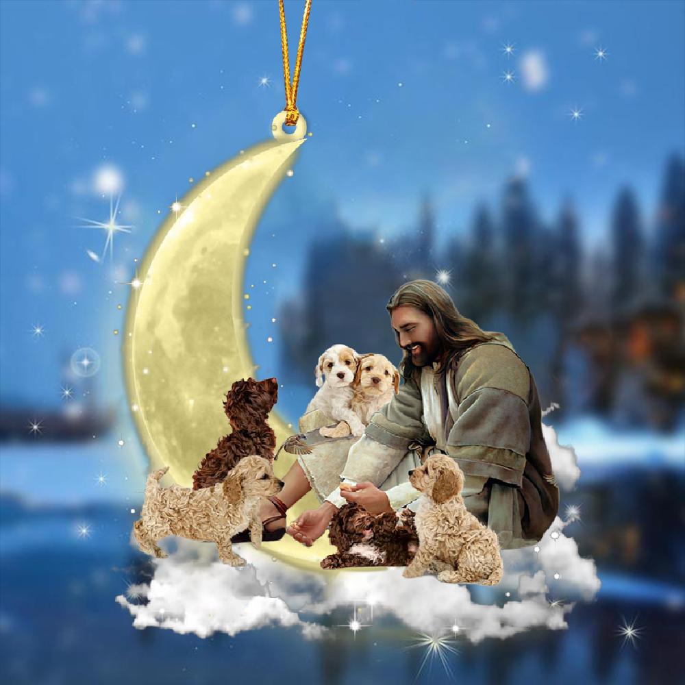 Jesus Surrounded By cockapoos On The Moon Ornament