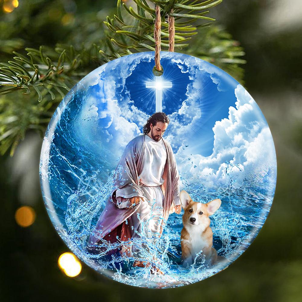 Corgi And God Walking On The Ocean Wave Porcelain/Ceramic Ornament