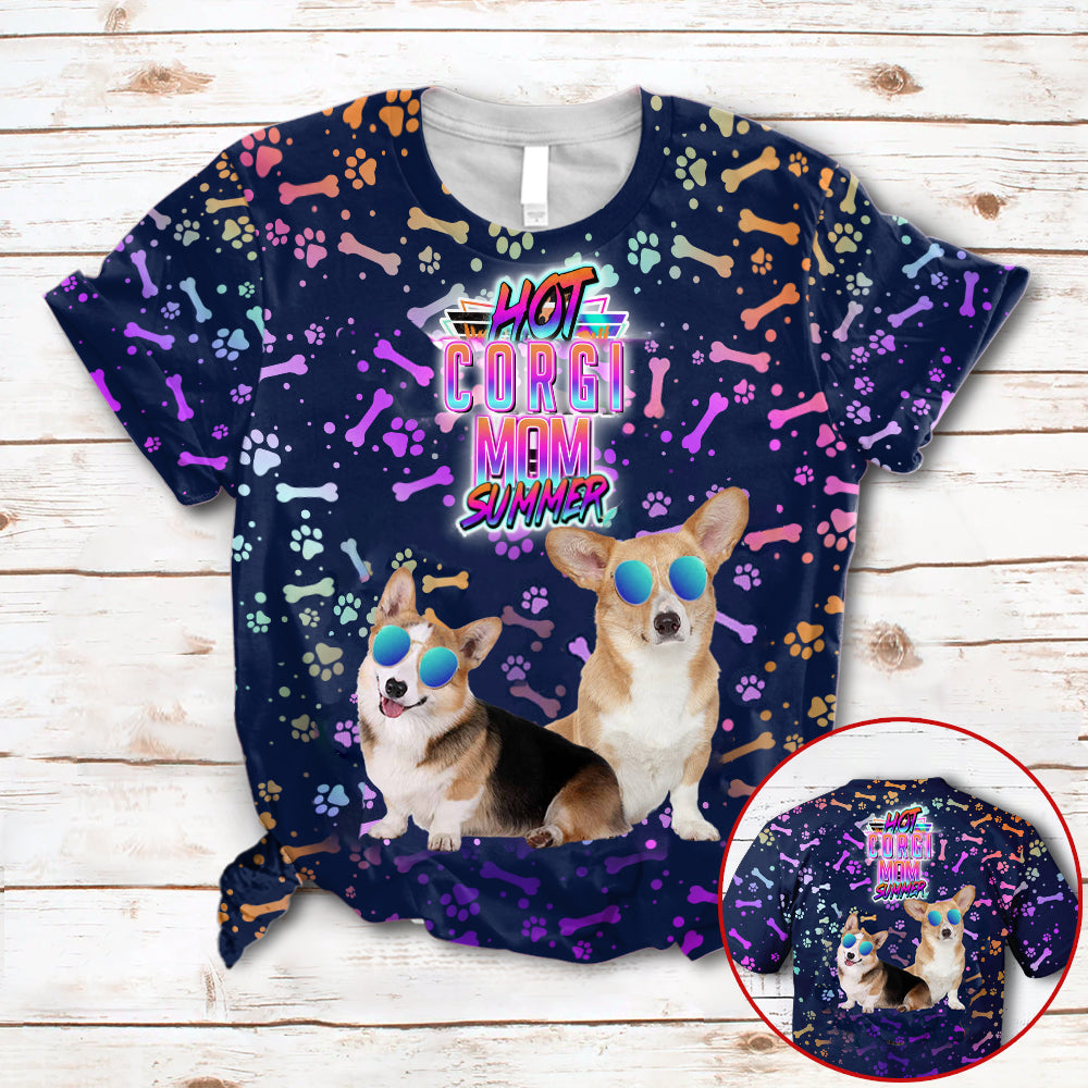 Hot corgi Mom Summer Neon Tropical Desing 3D All Over Print T-Shirt
