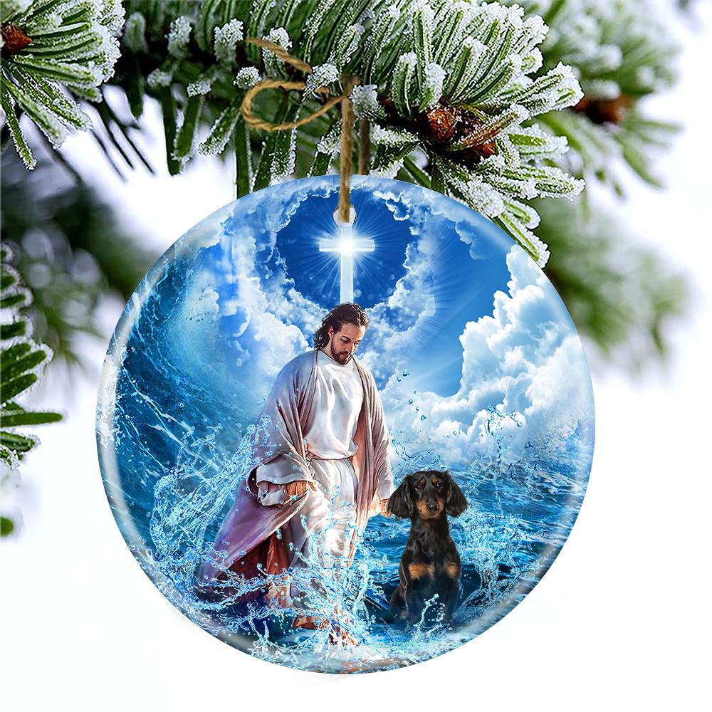 Dachshund And God Walking On The Ocean Wave Porcelain/Ceramic Ornament