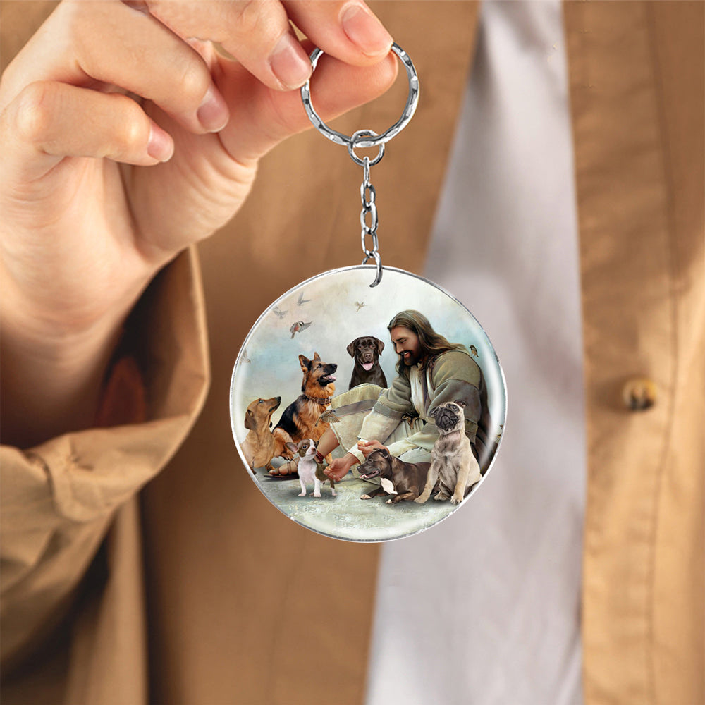 Jesus Surrounded By Dogs02-Round Resin Epoxy Metal Keychain