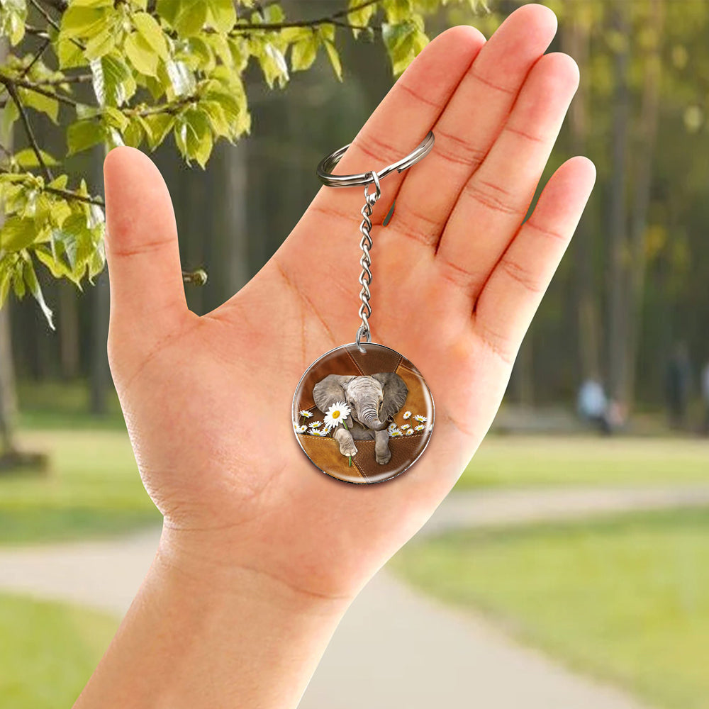 elephant Holding Daisy-Round Resin Epoxy Metal Keychain