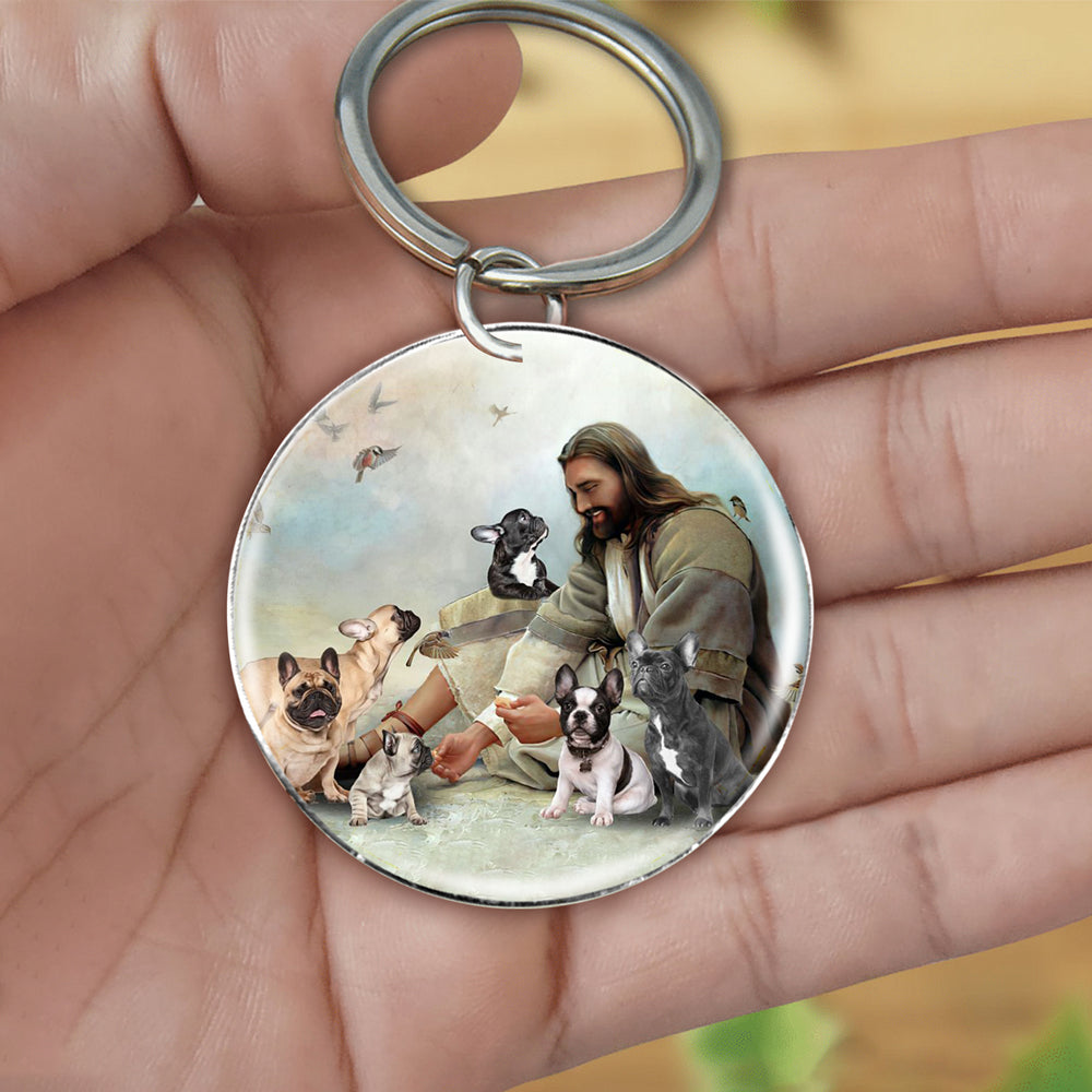 Jesus Surrounded By french bulldogs-Round Resin Epoxy Metal Keychain
