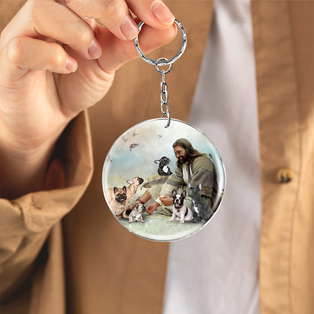 Jesus Surrounded By french bulldogs-Round Resin Epoxy Metal Keychain