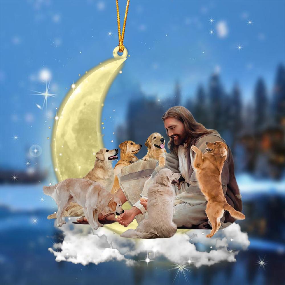 Jesus Surrounded By golden retriever On The Moon Ornament