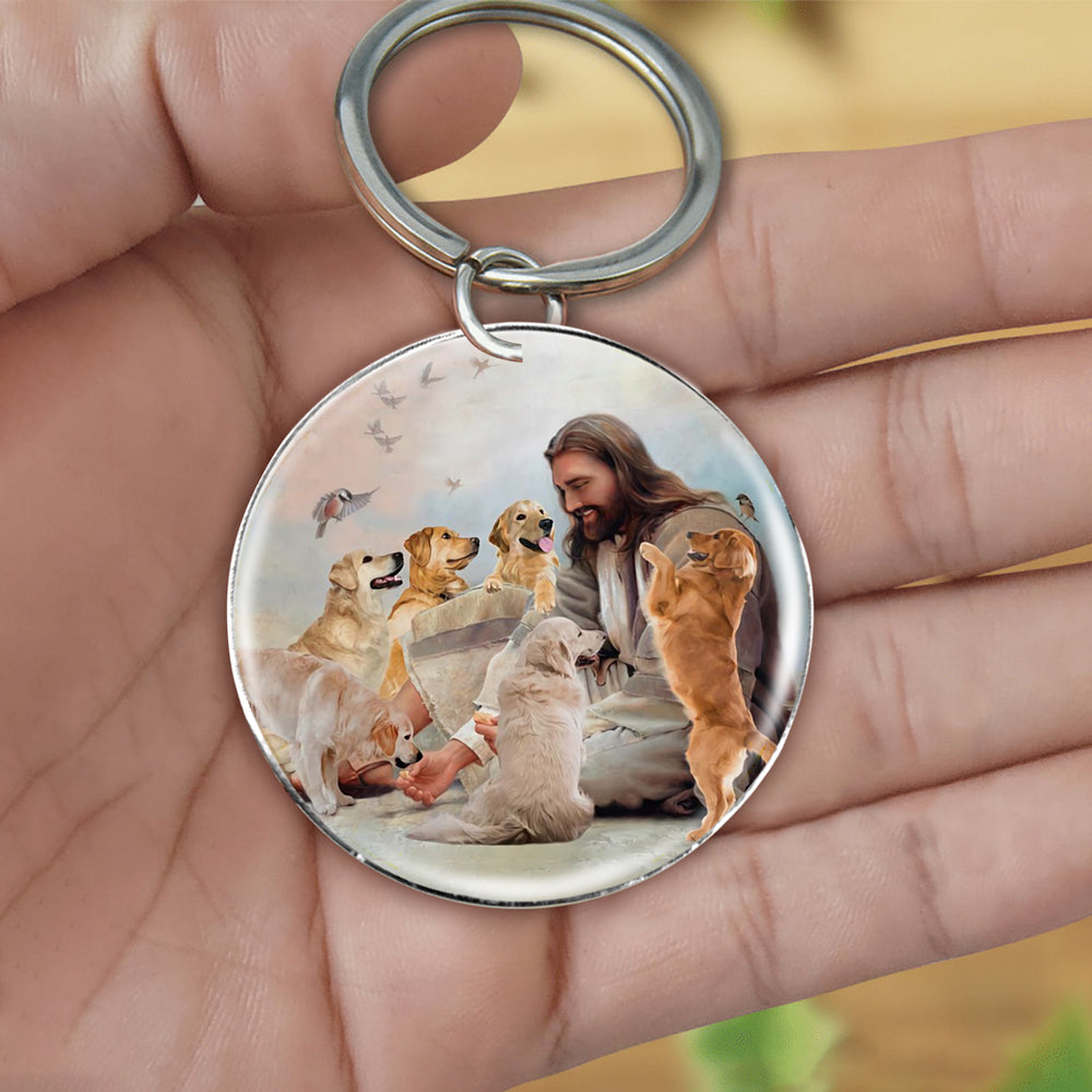 Jesus Surrounded By golden retrievers-Round Resin Epoxy Metal Keychain
