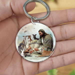 Jesus Surrounded By greyhounds-Round Resin Epoxy Metal Keychain