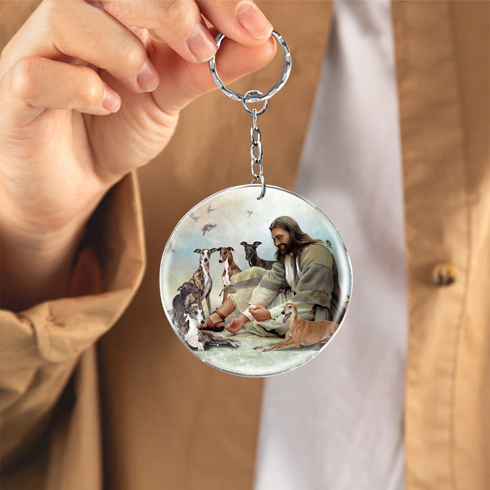 Jesus Surrounded By greyhounds-Round Resin Epoxy Metal Keychain