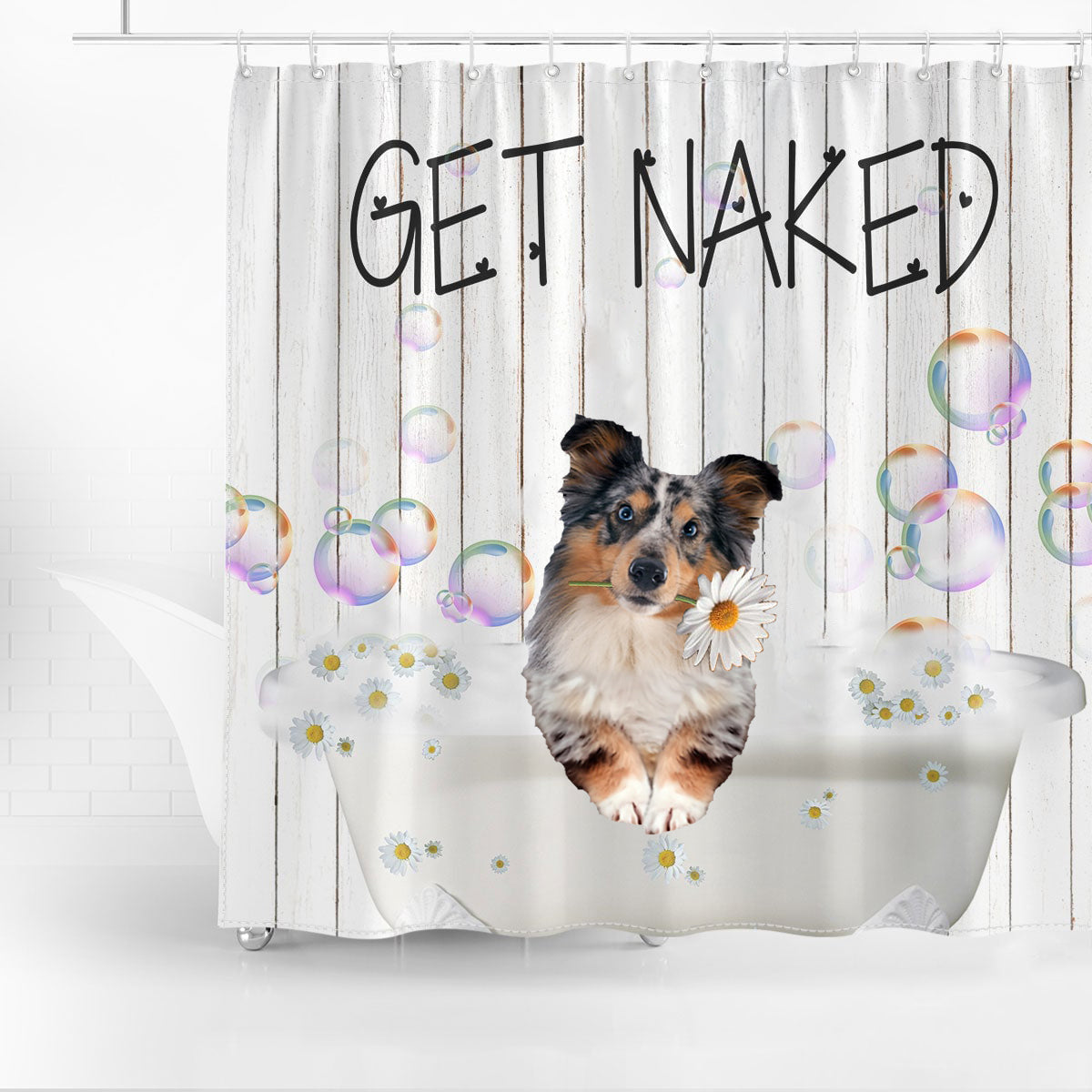 Shetland Sheepdog Get Naked Daisy Shower Curtain