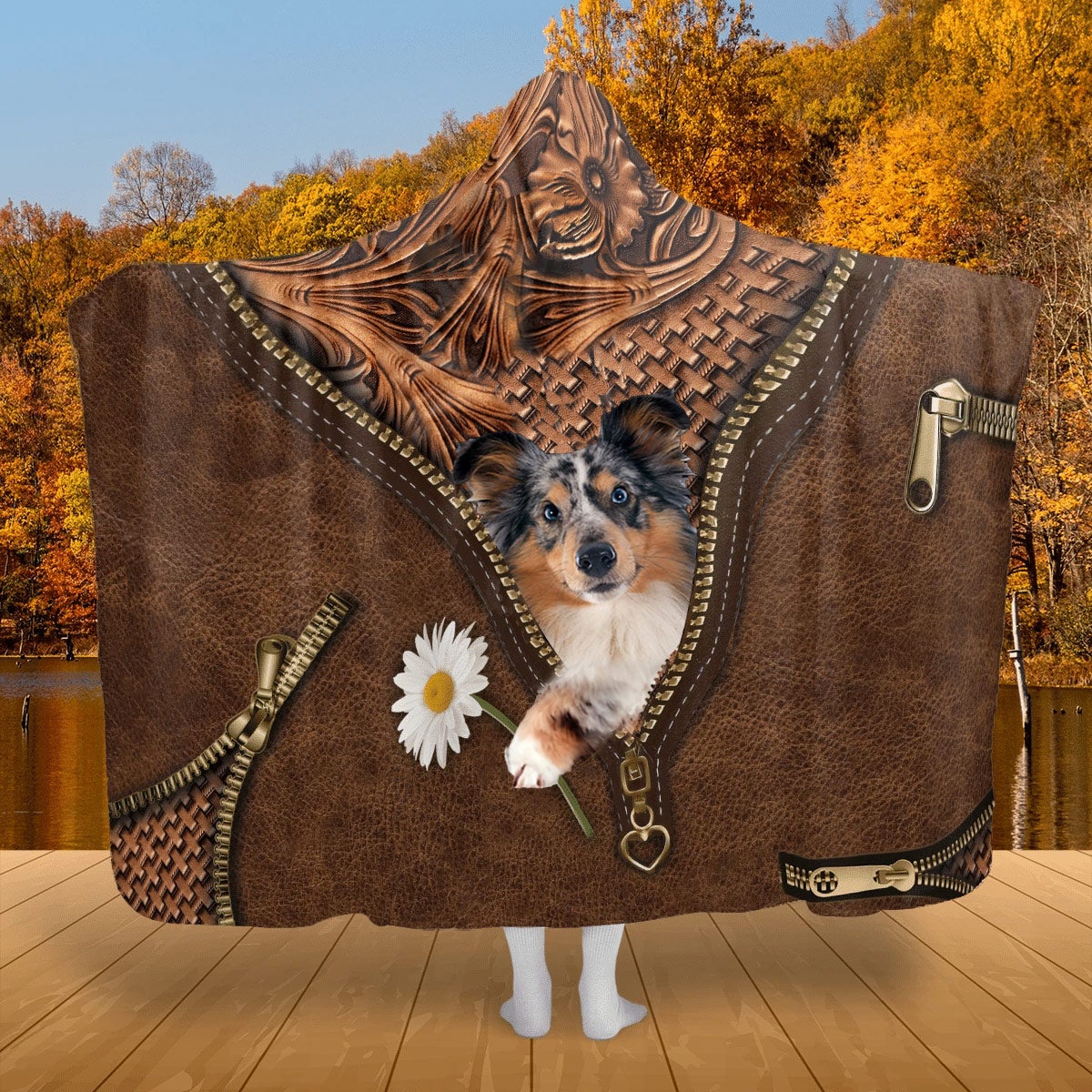 Shetland Sheepdog Holding Daisy Hooded Blanket