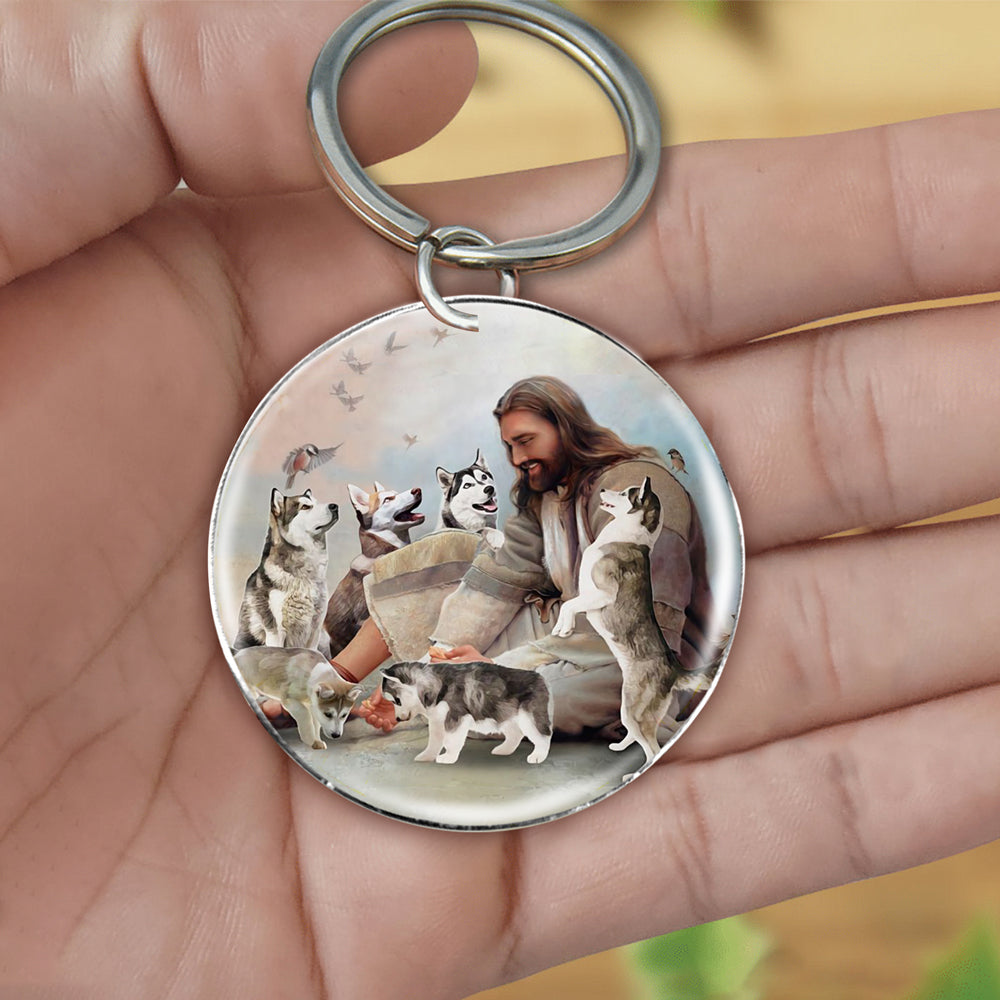 Jesus Surrounded By huskies-Round Resin Epoxy Metal Keychain