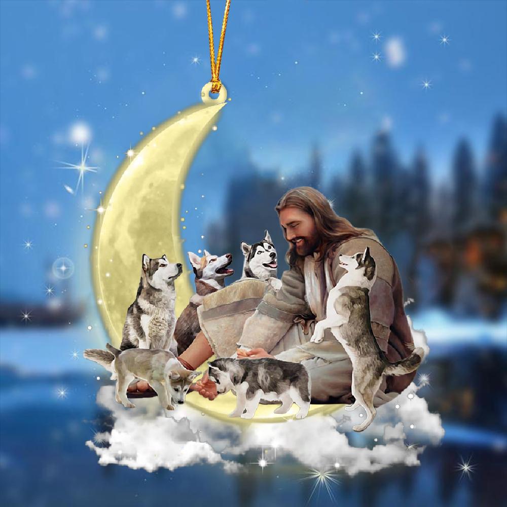 Jesus Surrounded By huskies On The Moon Ornament