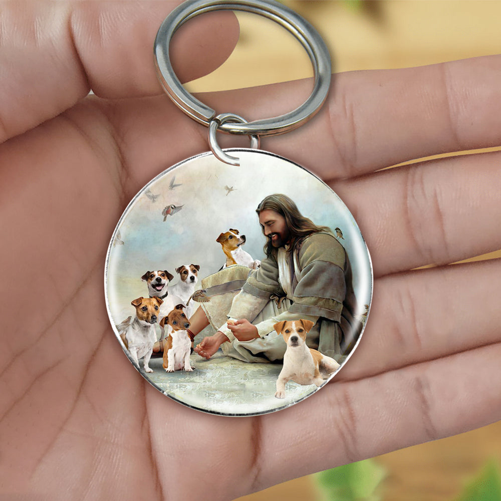 Jesus Surrounded By jack russell terriers-Round Resin Epoxy Metal Keychain