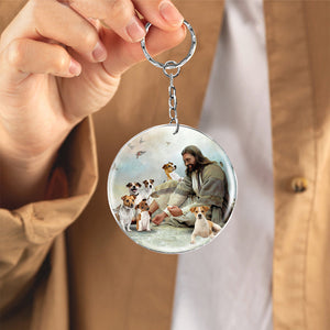 Jesus Surrounded By jack russell terriers-Round Resin Epoxy Metal Keychain