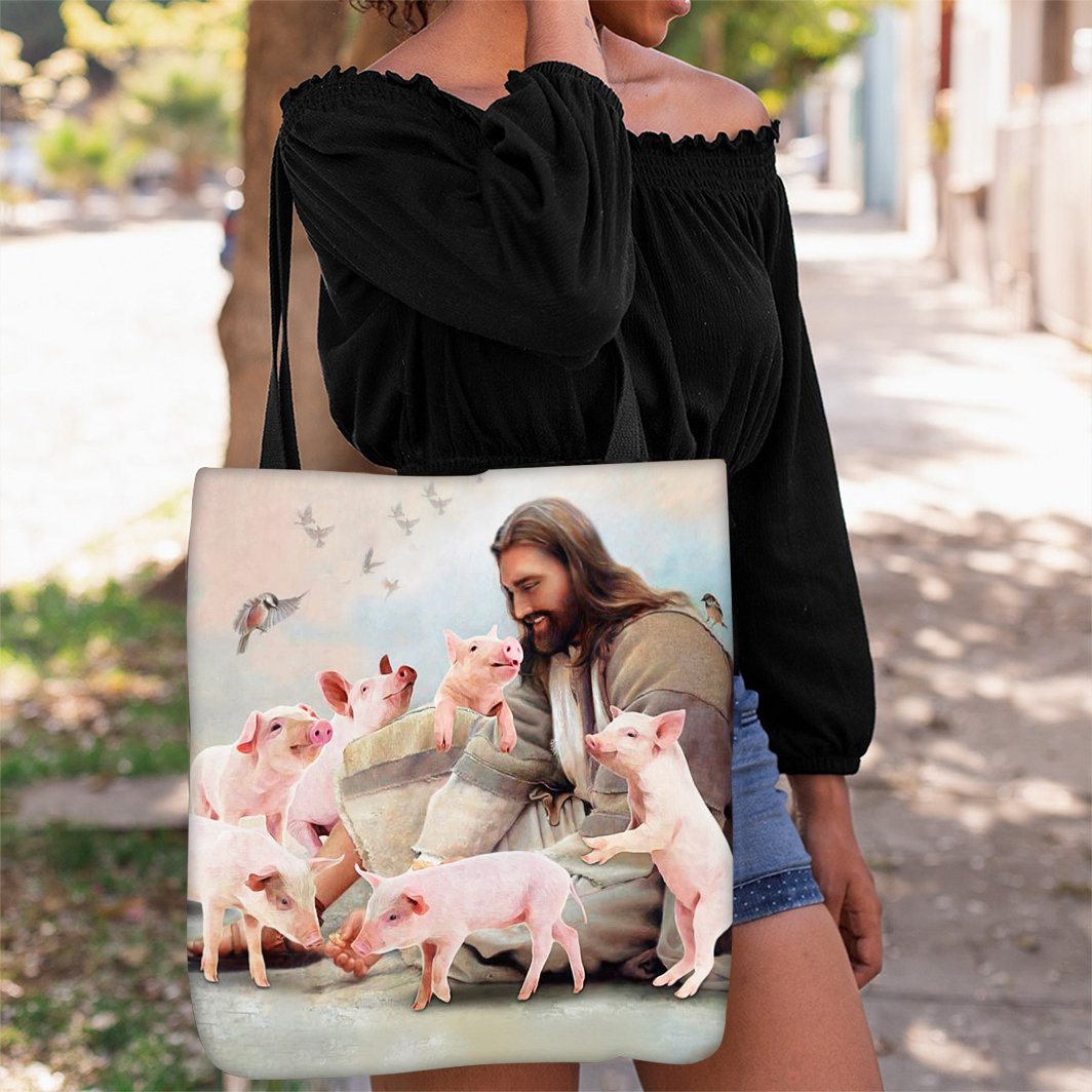 Jesus Surrounded By Pigs Tote Bag