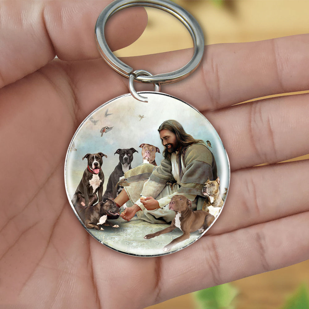 Jesus Surrounded By pitbulls-Round Resin Epoxy Metal Keychain