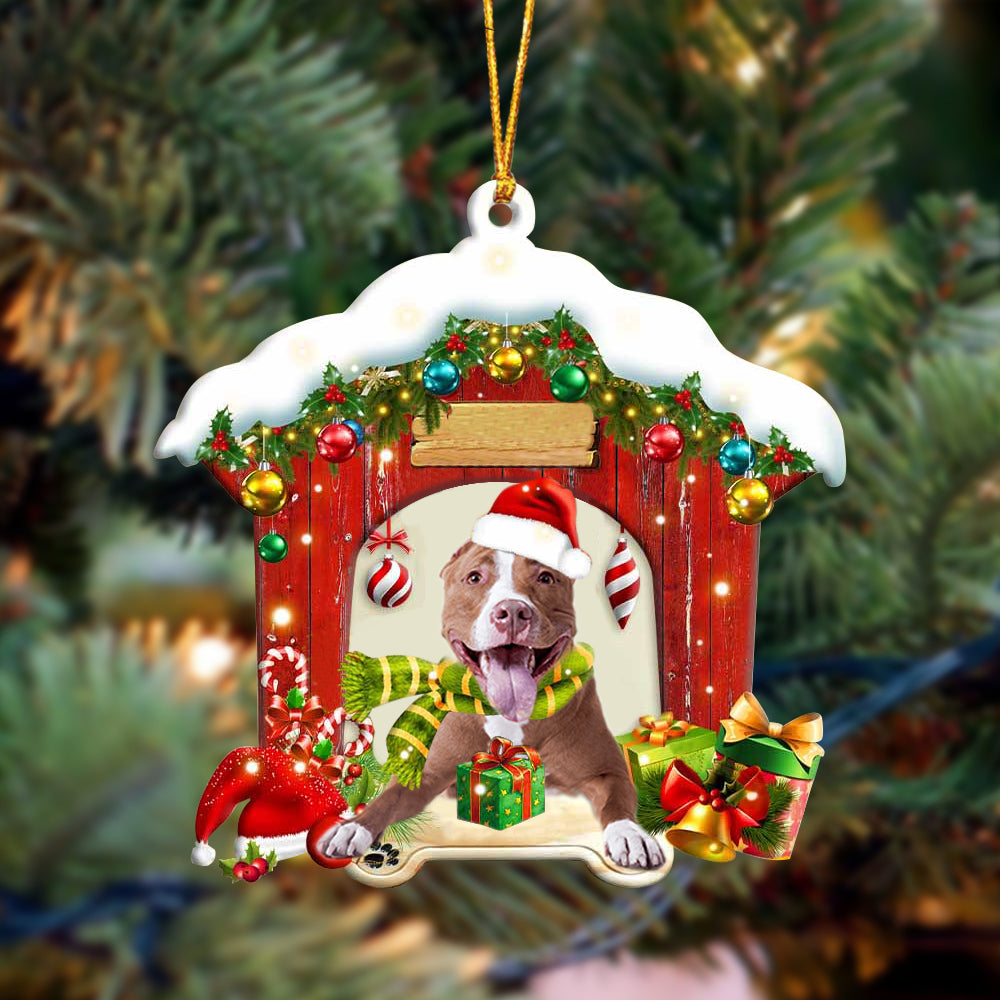 pitbull In Red Wood House Christmas Ornament