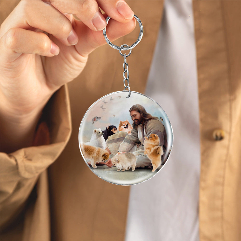 Jesus Surrounded By pomeranians-Round Resin Epoxy Metal Keychain