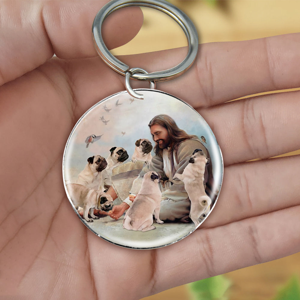 Jesus Surrounded By pugs-Round Resin Epoxy Metal Keychain