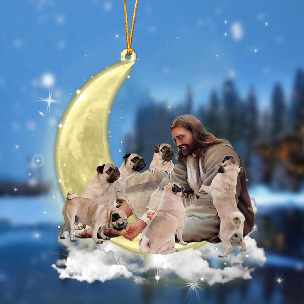 Jesus Surrounded By pugs On The Moon Ornament