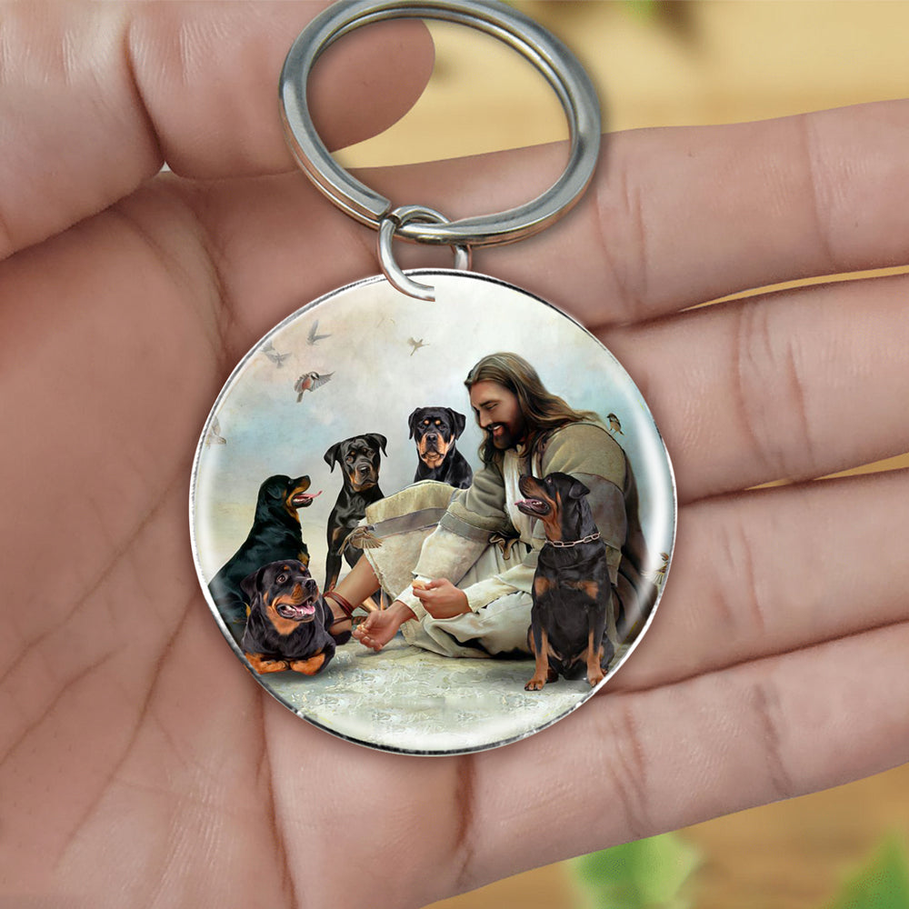 Jesus Surrounded By rottweilers-Round Resin Epoxy Metal Keychain
