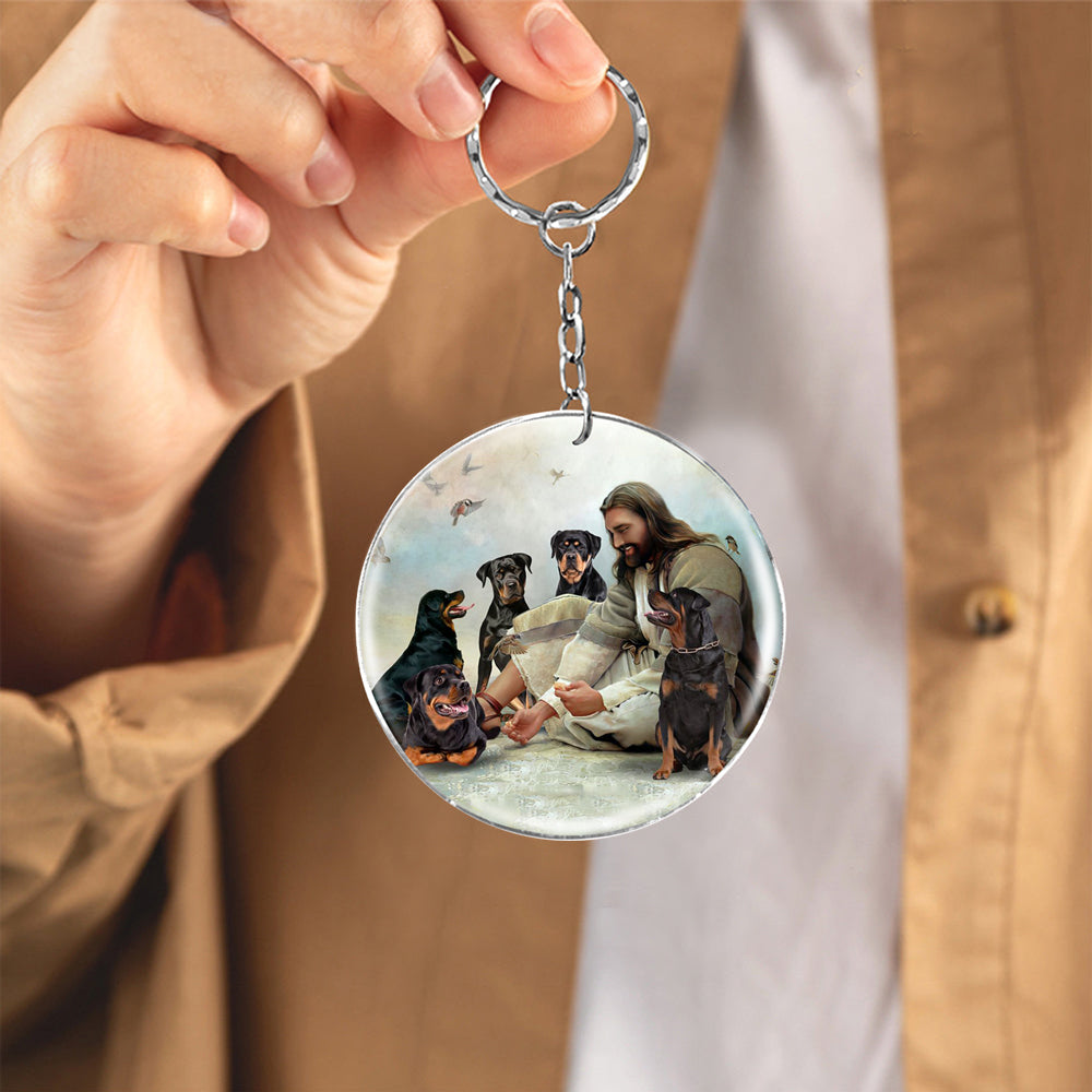 Jesus Surrounded By rottweilers-Round Resin Epoxy Metal Keychain