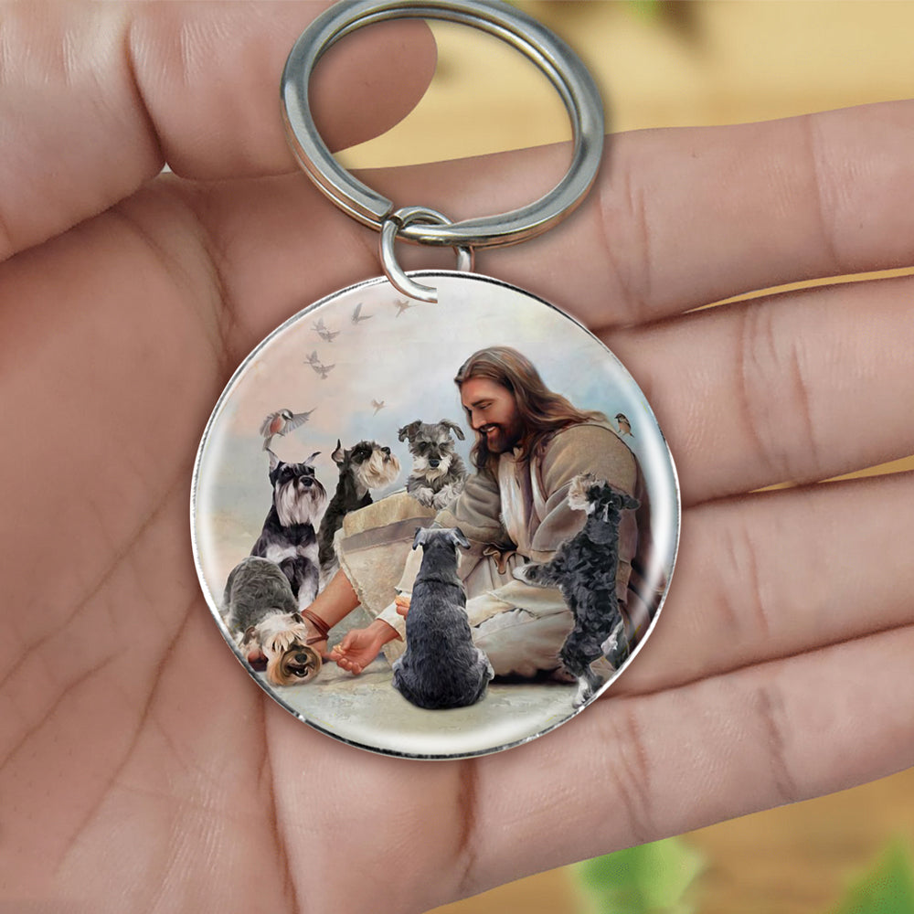 Jesus Surrounded By schnauzers-Round Resin Epoxy Metal Keychain