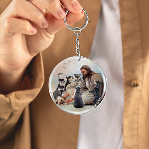 Jesus Surrounded By schnauzers-Round Resin Epoxy Metal Keychain