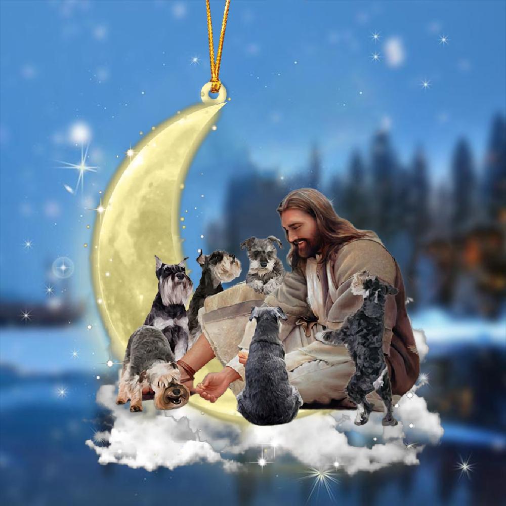 Jesus Surrounded By schnauzers On The Moon Ornament