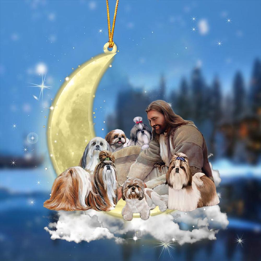 Jesus Surrounded By shih tzus On The Moon Ornament