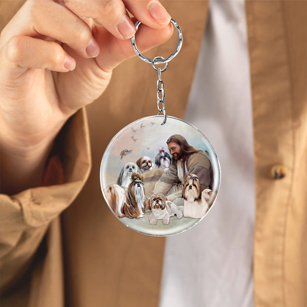 Jesus Surrounded By shih tzus-Round Resin Epoxy Metal Keychain
