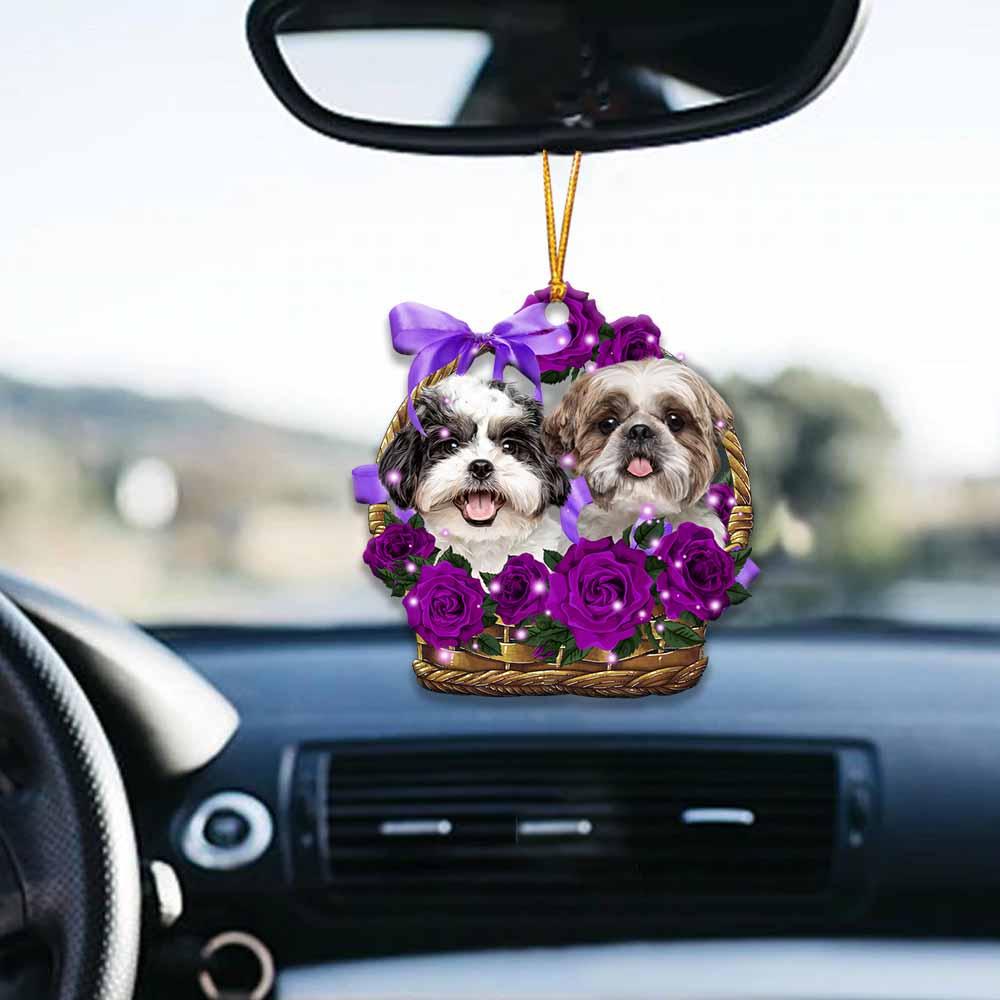 shih tzu Purple Rose Wicker Basket Car Hanging Ornament